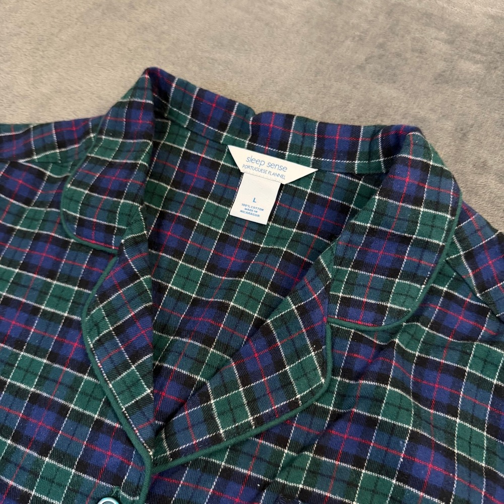 Sleep Sense Portuguese Flannel Pajama Top Womens Large Green Blue Plaid Cotton